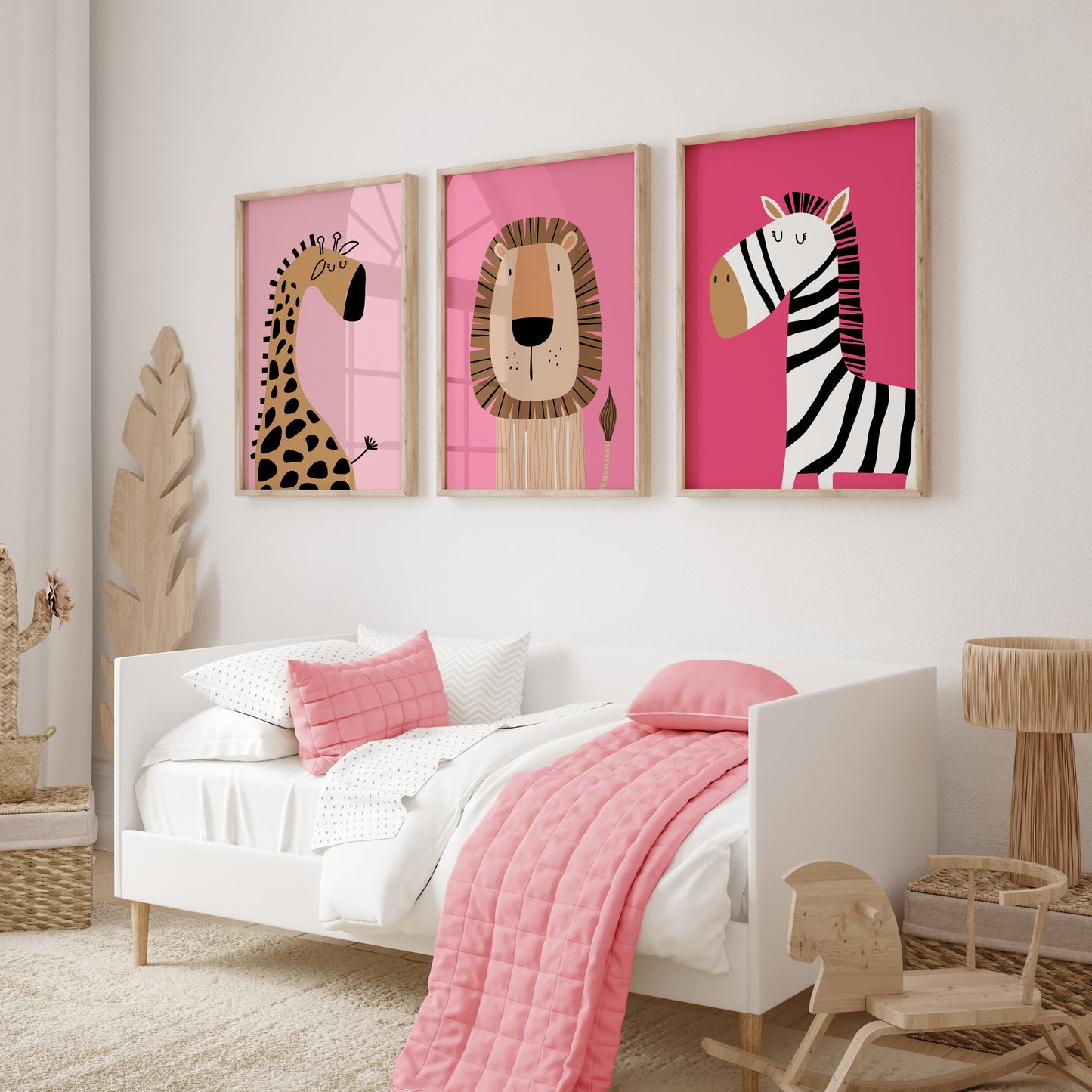 Girls pink safari animal wall art prints