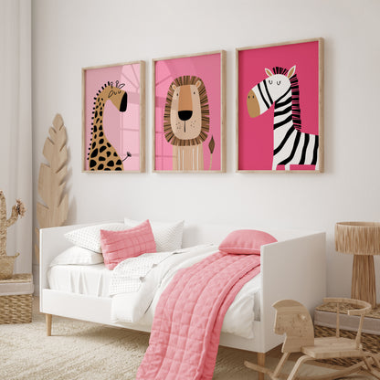 Girls pink safari animal wall art prints