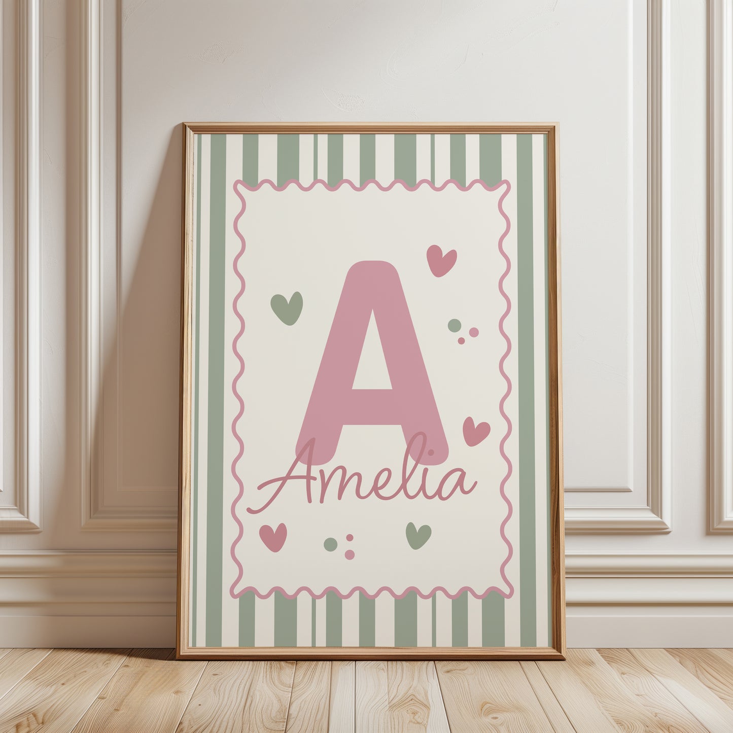 Set of 3 Girls Personalised Wall Prints, Sage & Pink