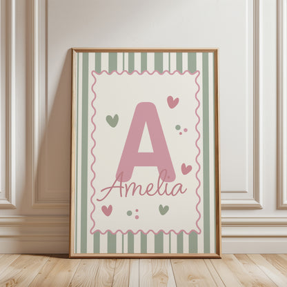 Set of 3 Girls Personalised Wall Prints, Sage & Pink