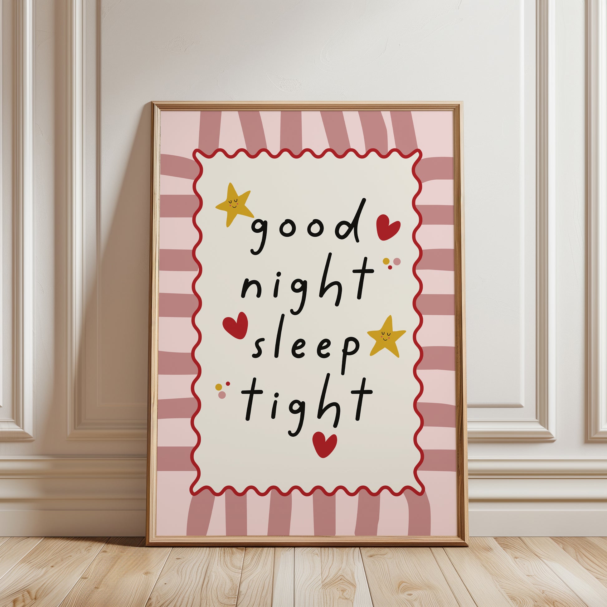 Nursery print with quote "good night sleep tight" with a striped background in pink