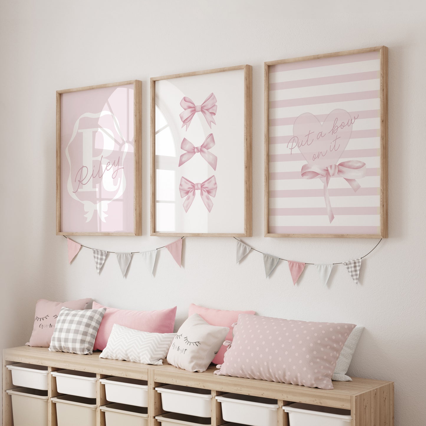 girls pink bow personalised wall art prints
