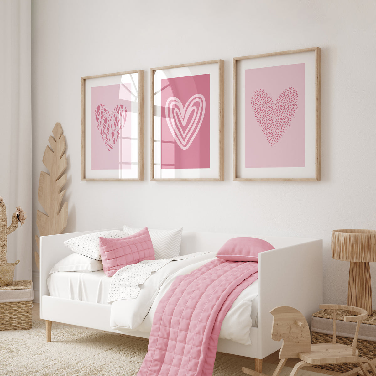 girls pink love heart bedroom wall art prints, set of three