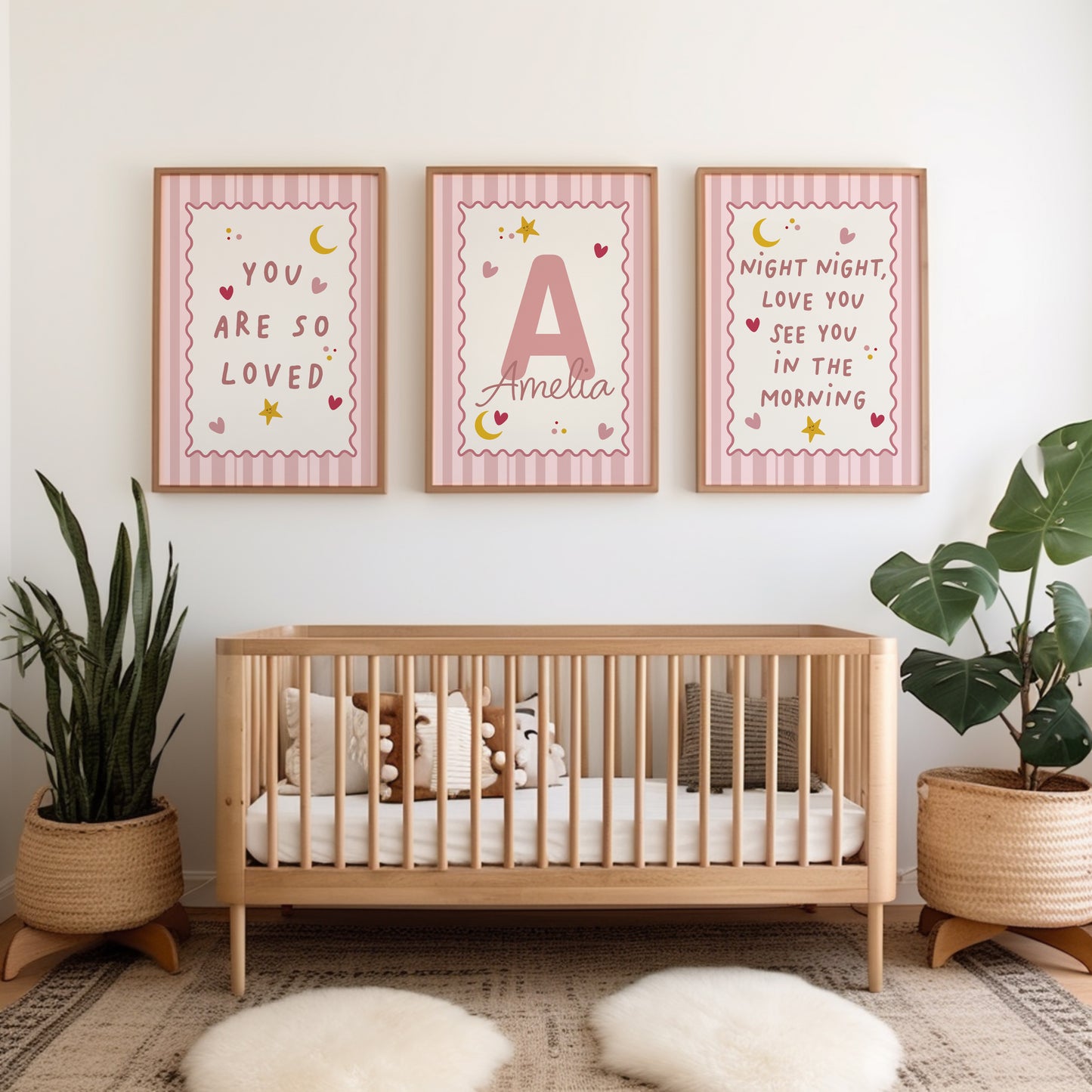 Girls pink nursery prints, with bedtime quotes "you are so loved" and "night night love you see you in the morning"