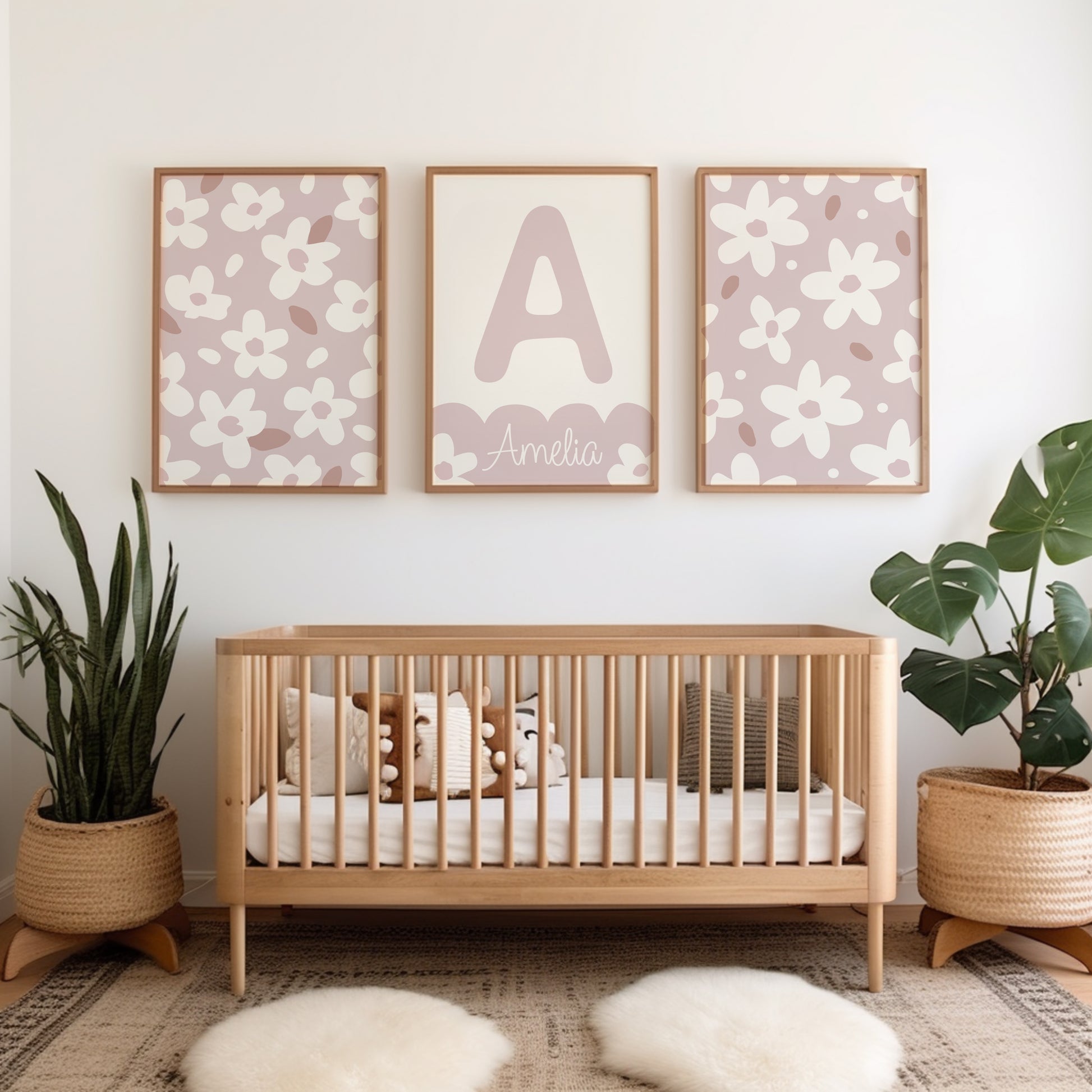 Girls personalised prints in pink with floral lllustrations