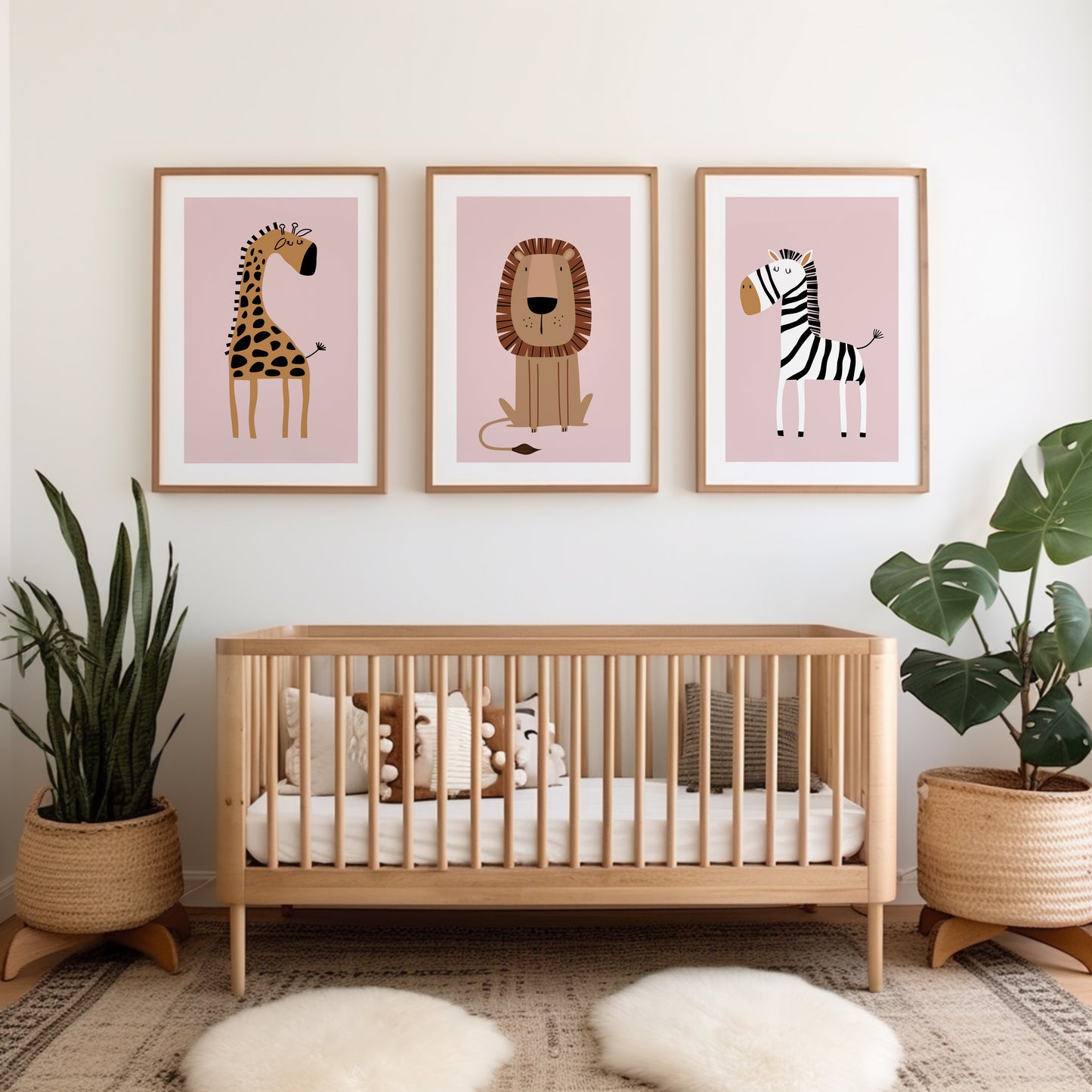 Girls pink safari animal nursery prints. Cute illustrated Giraffe Lion and Zebra