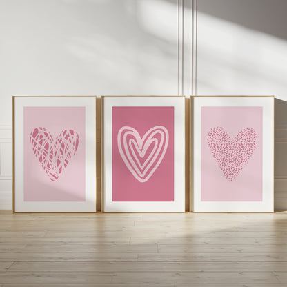 set of 3 bedroom prints in pink with abstract love hearts