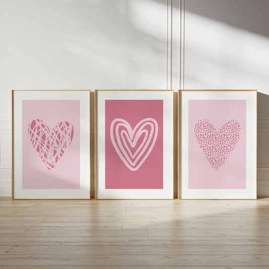 set of 3 bedroom prints in pink with abstract love hearts