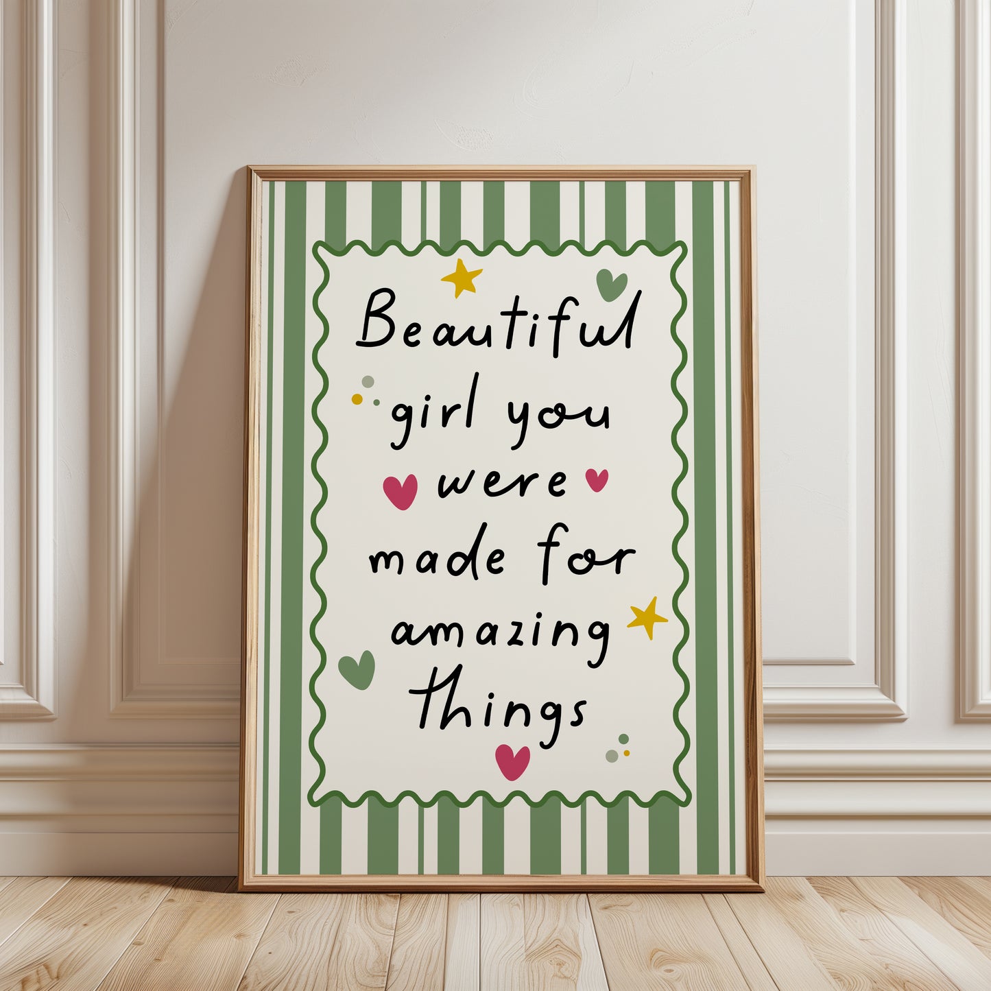 Girls room wall art print with quote BEAUTIFUL GIRL YOU WERE MADE FOR AMAZING THINGS, with green stripe background