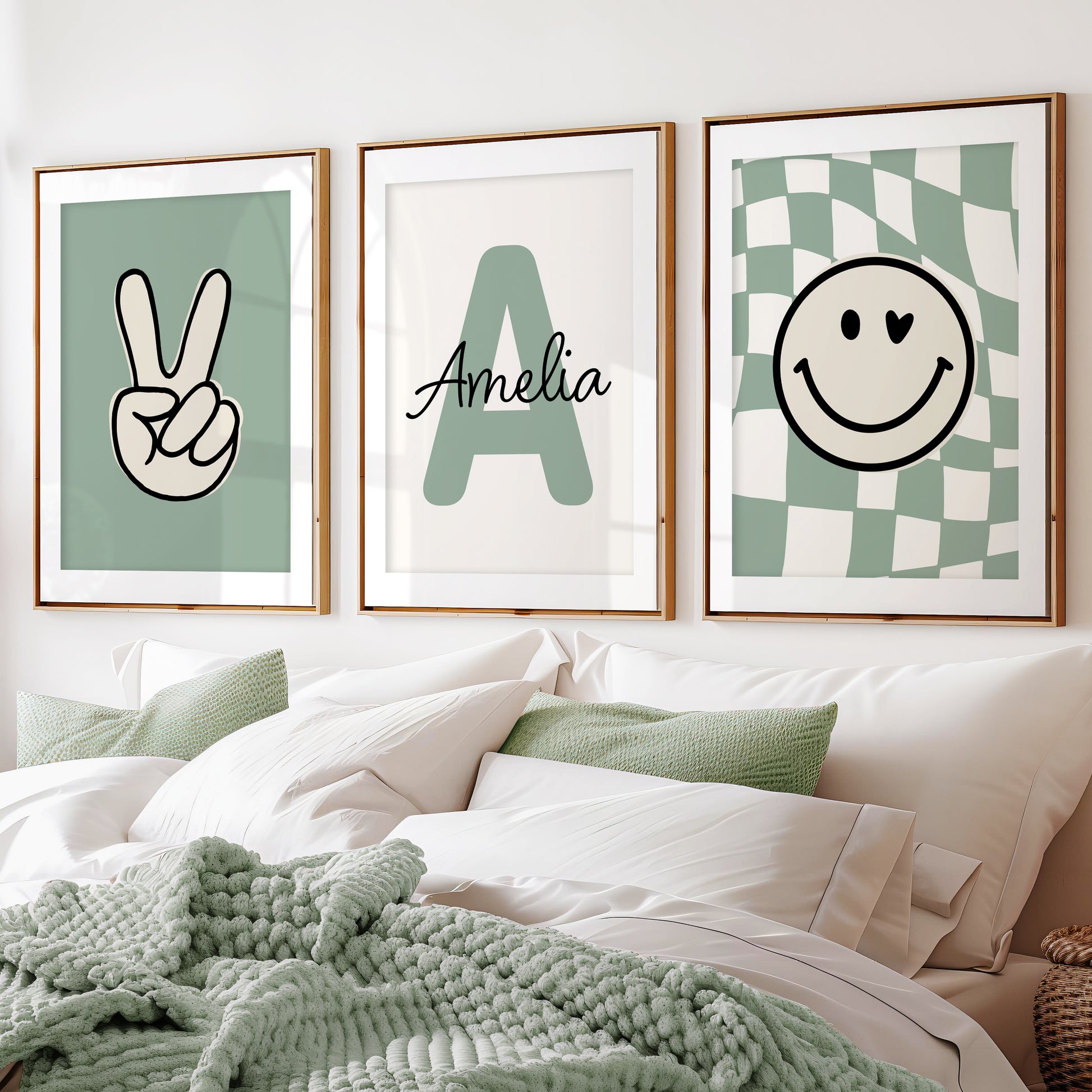 girls room prints, with custom initial and name, sage green and beige