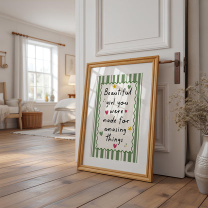Girls Quote Wall Art Print, Beautiful Girl, Green