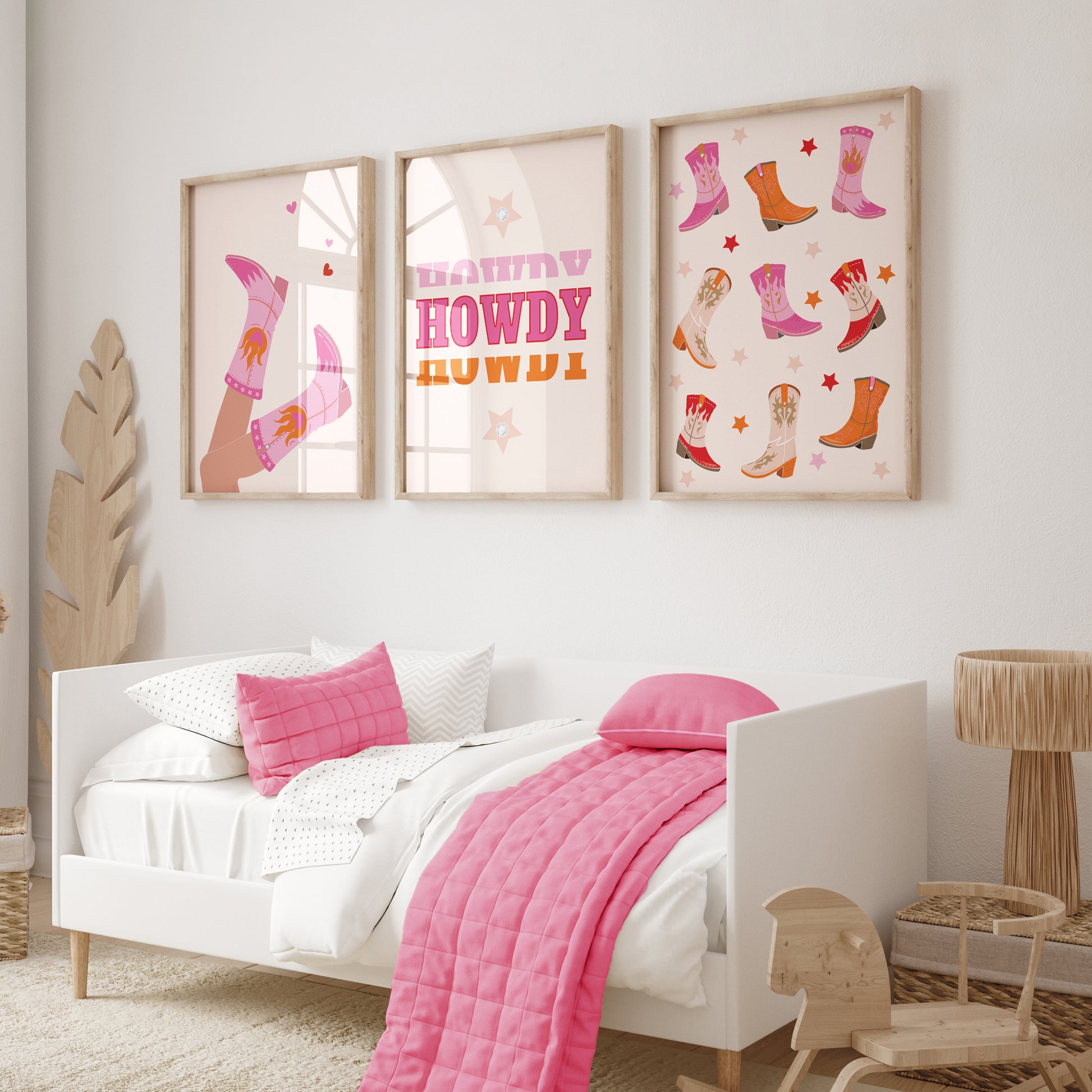 Girls room cowgirl boots prints, set of 3 prints in pink and orange