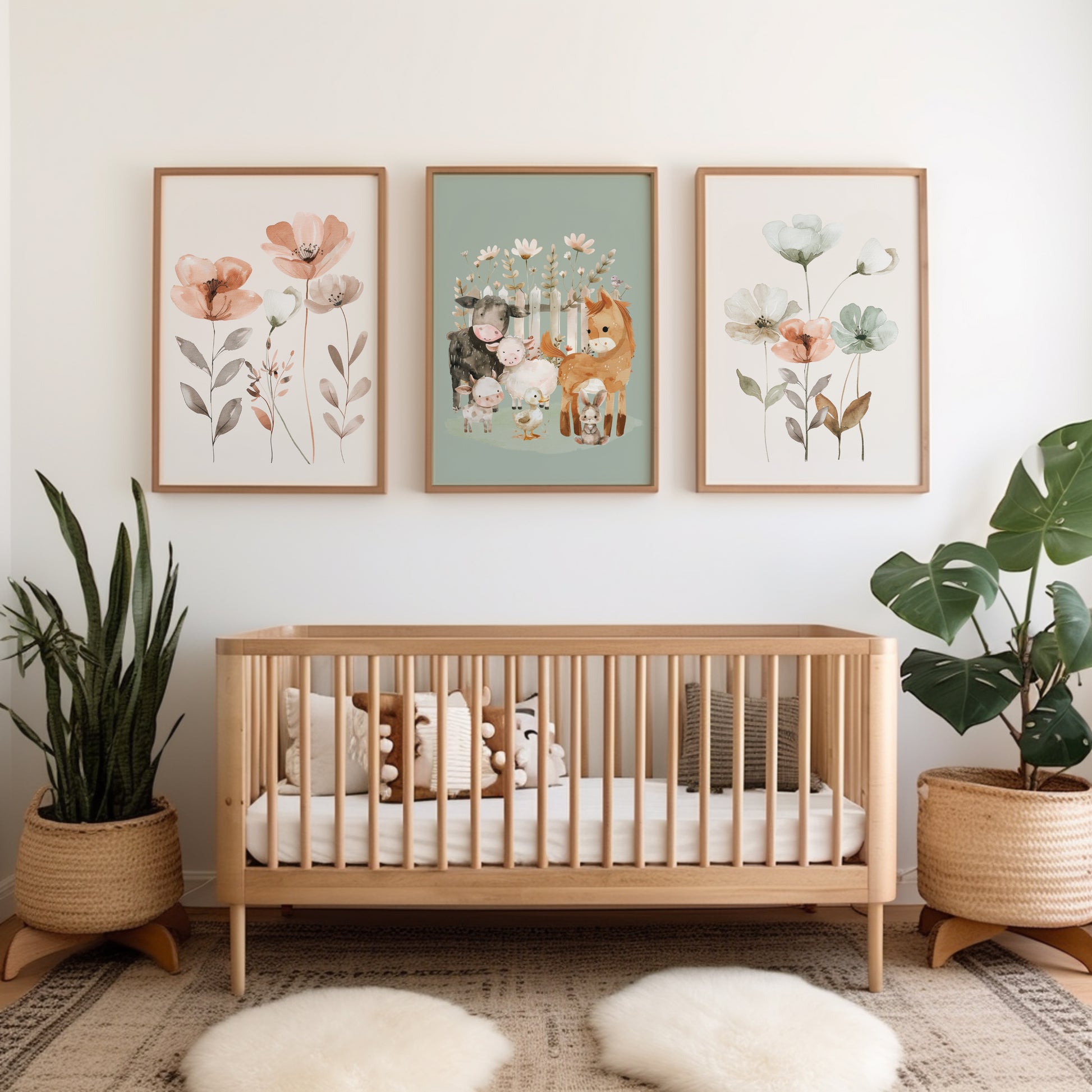 Girls room farm prints, two prints with flowers, one print with cute farm animals on a sage green background