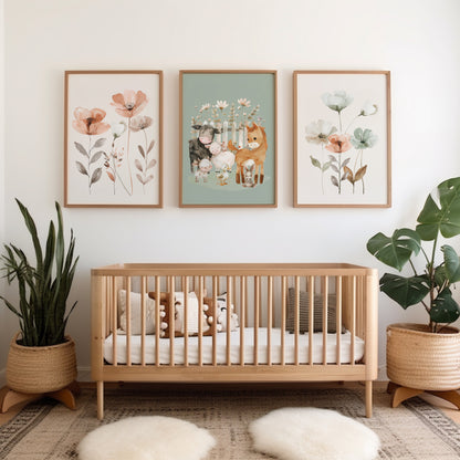 Girls room farm prints, two prints with flowers, one print with cute farm animals on a sage green background