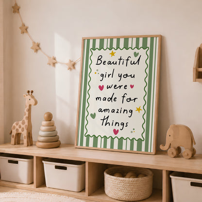 Girls Quote Wall Art Print, Beautiful Girl, Green