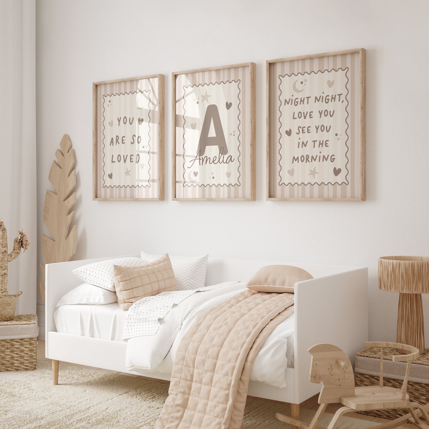 girls room prints in beige, one with quote "YOU ARE SO LOVE" one personalised print with name and initial and one bedtime quote print "NIGHT NIGHT LOVE YOU SEE YOU IN THE MORNING" all in beoge on stripe backgrounds
