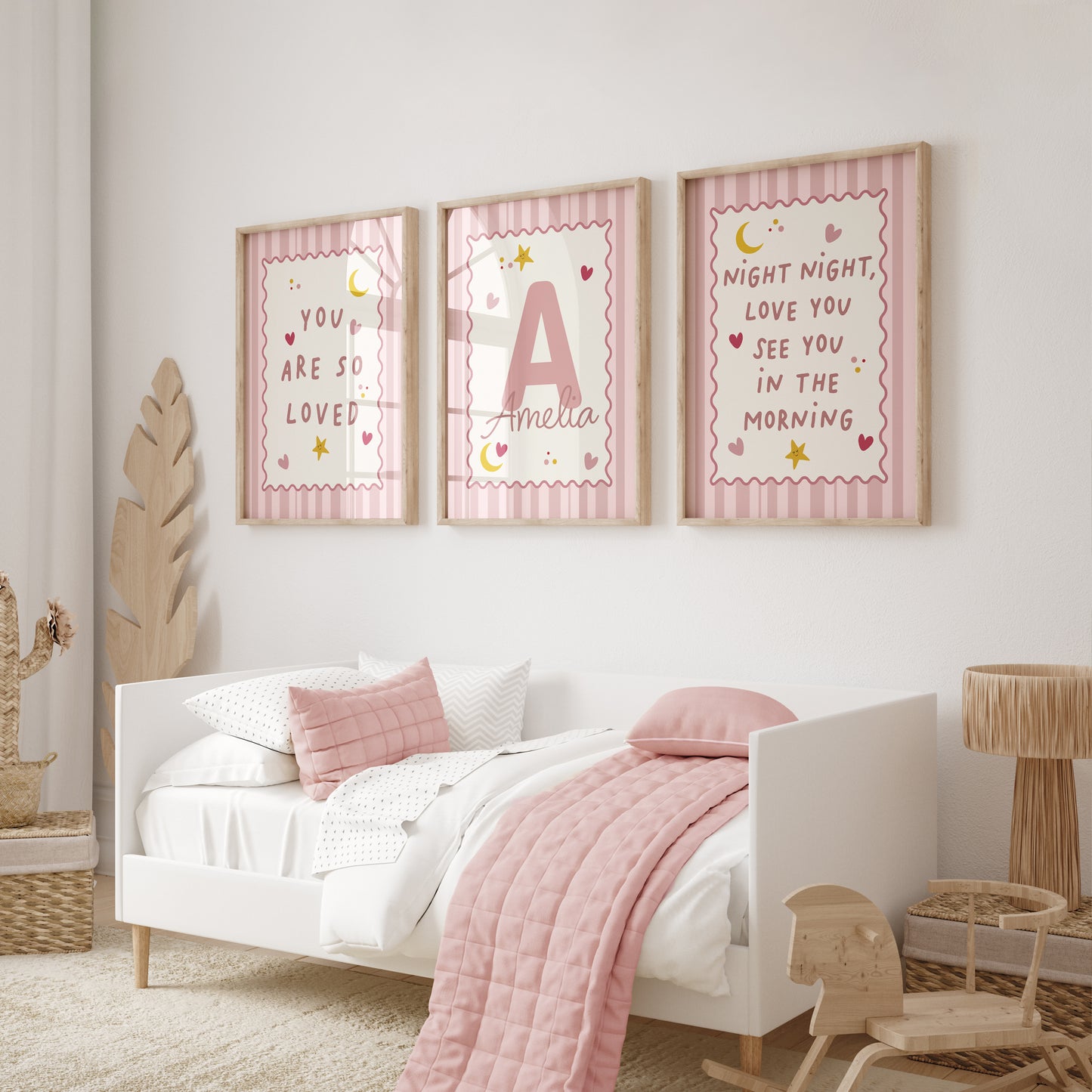 Girls room prints, with bedtime quotes "you are so loved" and "night night love you see you in the morning"