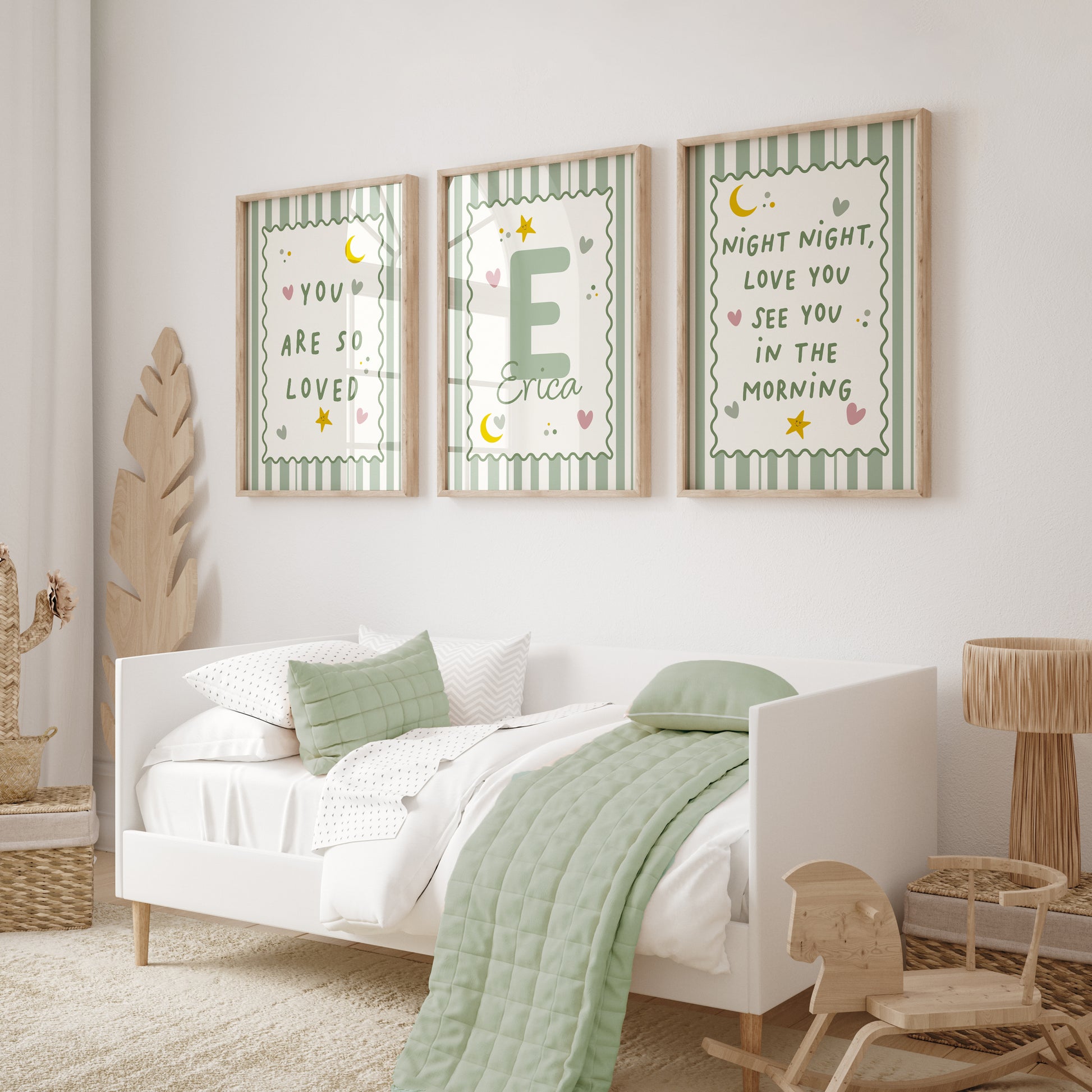 Girls room prints in sage green with bedtime quotes, you are so loved