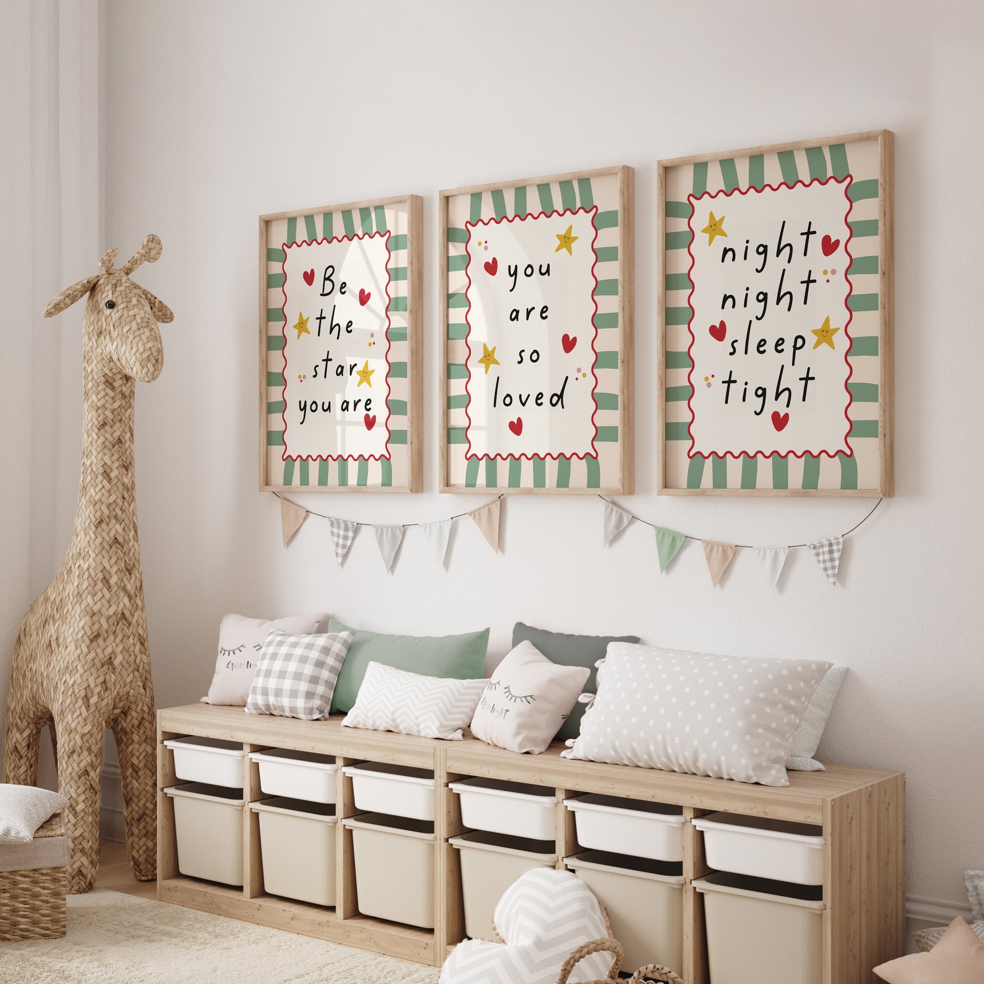 Set of 3 girls room prints in sage green and beige