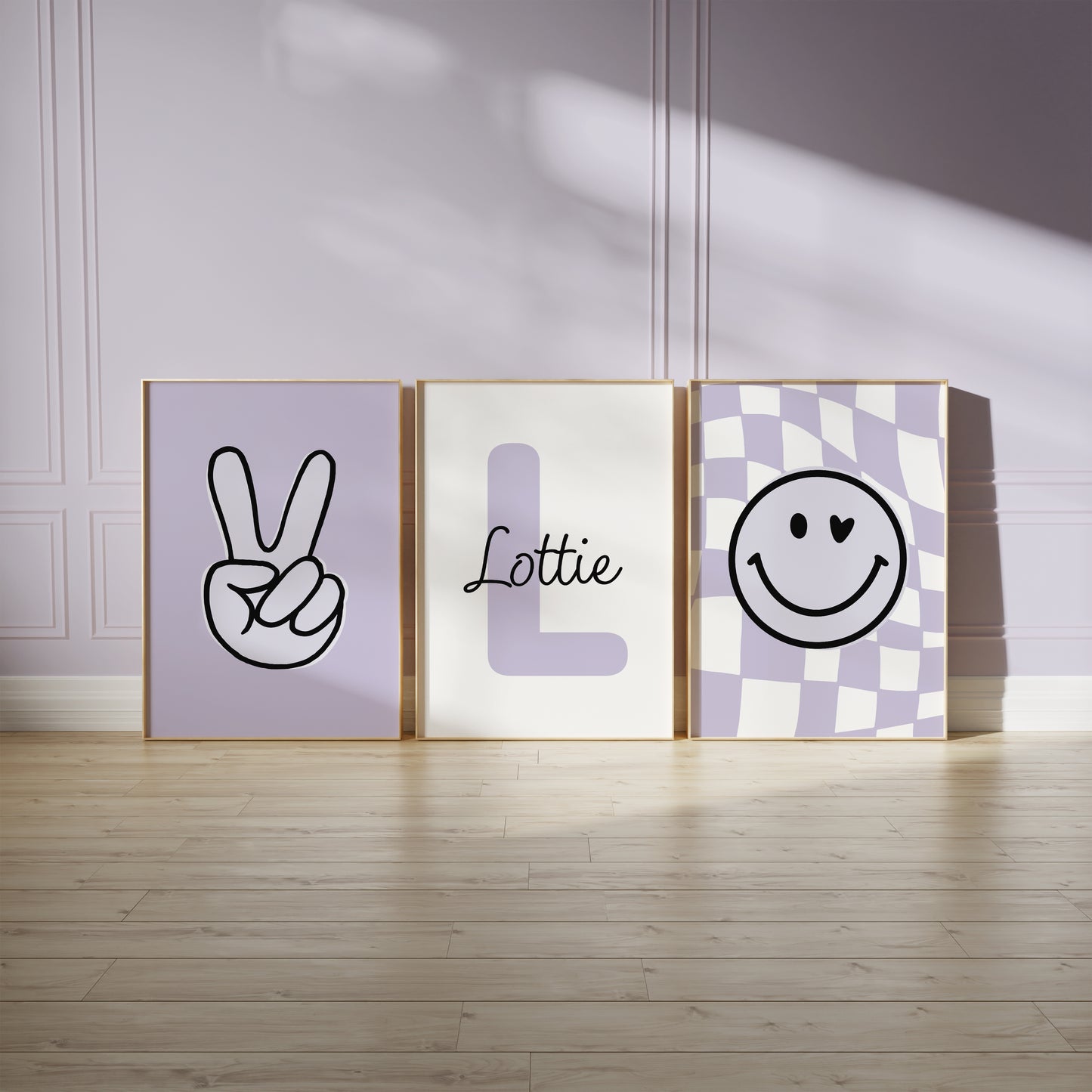 Girls room prints in lilac, featuring victory sign, smiley fave on chequered background and personalised name