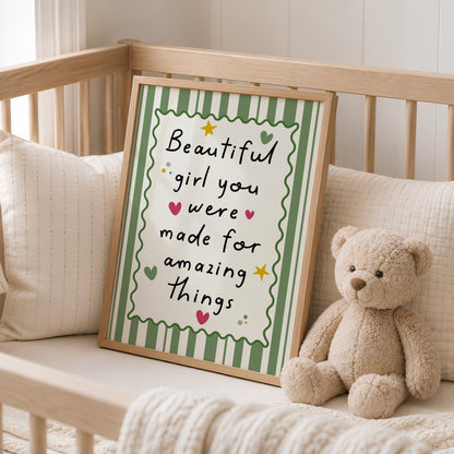 Girls Quote Wall Art Print, Beautiful Girl, Green