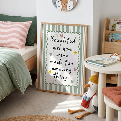 Girls Quote Wall Art Print, Beautiful Girl, Sage Green