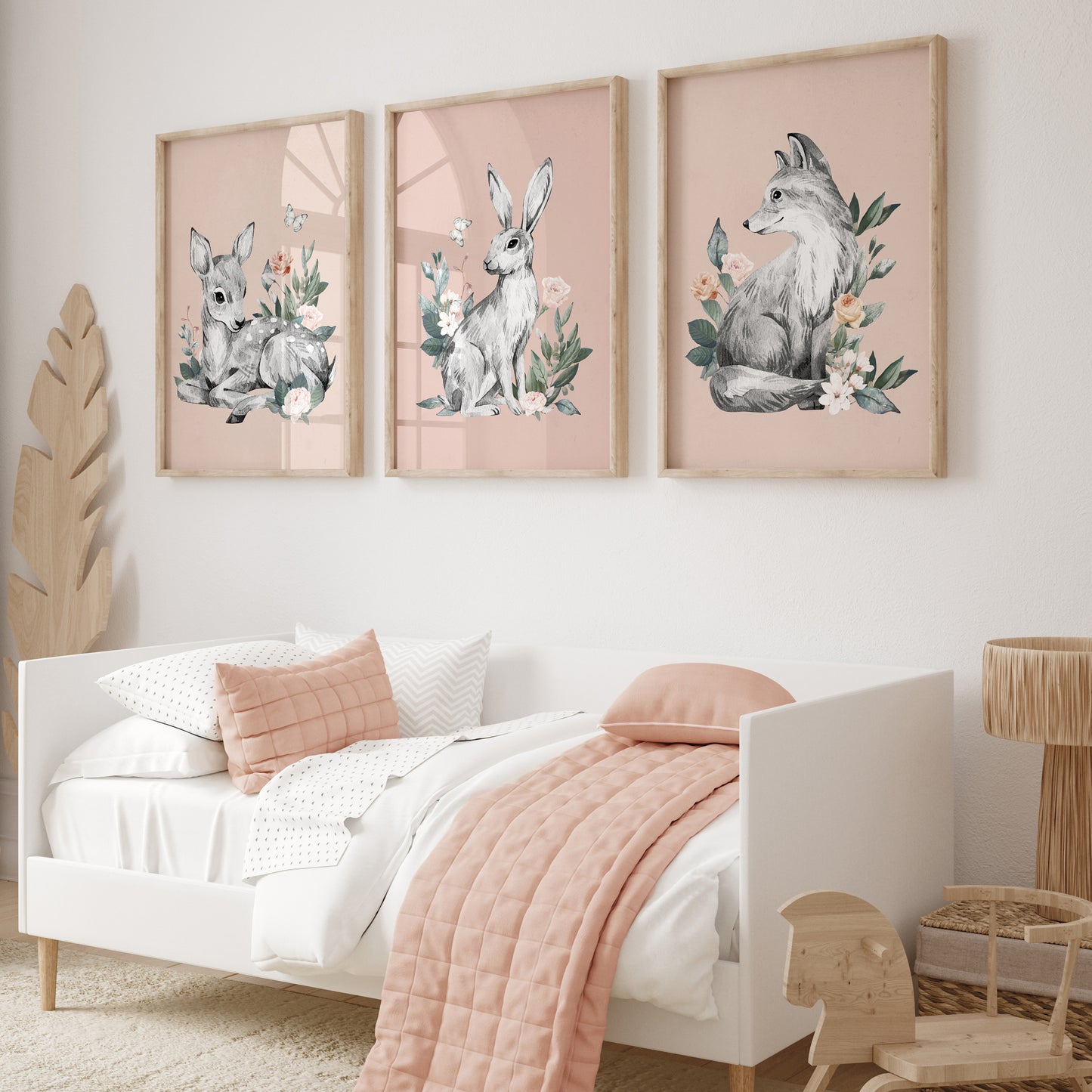 Girls room prints with woodland animals, hand drawn deer, rabbit and fox surrounded by flowers on pink backgrounds