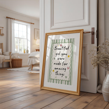 Girls Quote Wall Art Print, Beautiful Girl, Sage Green