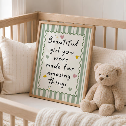 Girls Quote Wall Art Print, Beautiful Girl, Sage Green