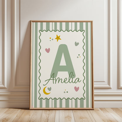 Girls room prints in sage green, personalised with name and initial, gift for girl