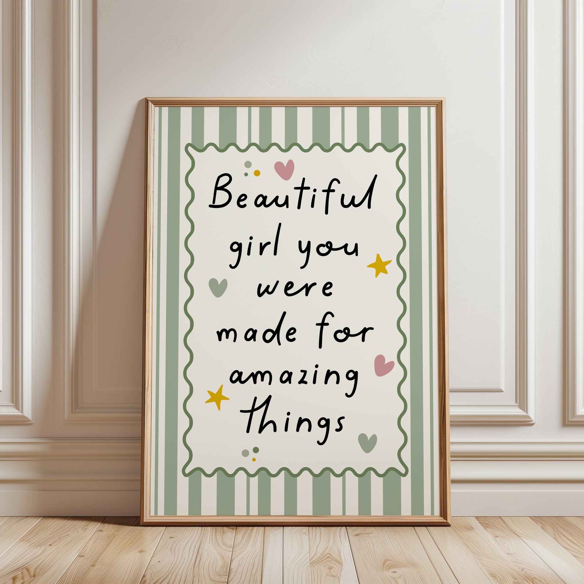 sage green girls affirmation print with quote BEAUTIFUL GIRL YOU WERE MADE FOR AMAZING THINGS