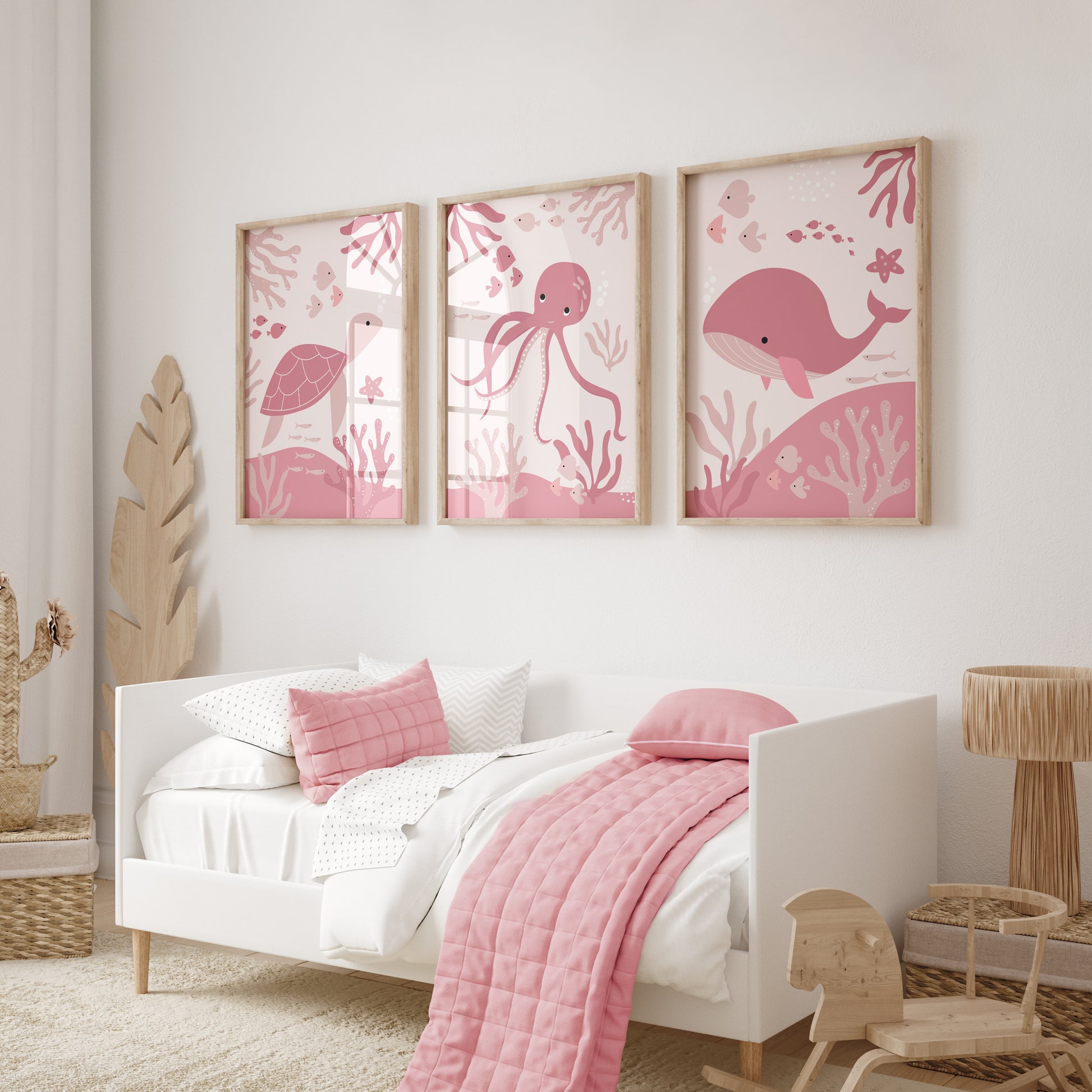 Girls sea-life prints, bedroom picture for toddler girl with turtle, octopus and whale all set in ocean themes in pink