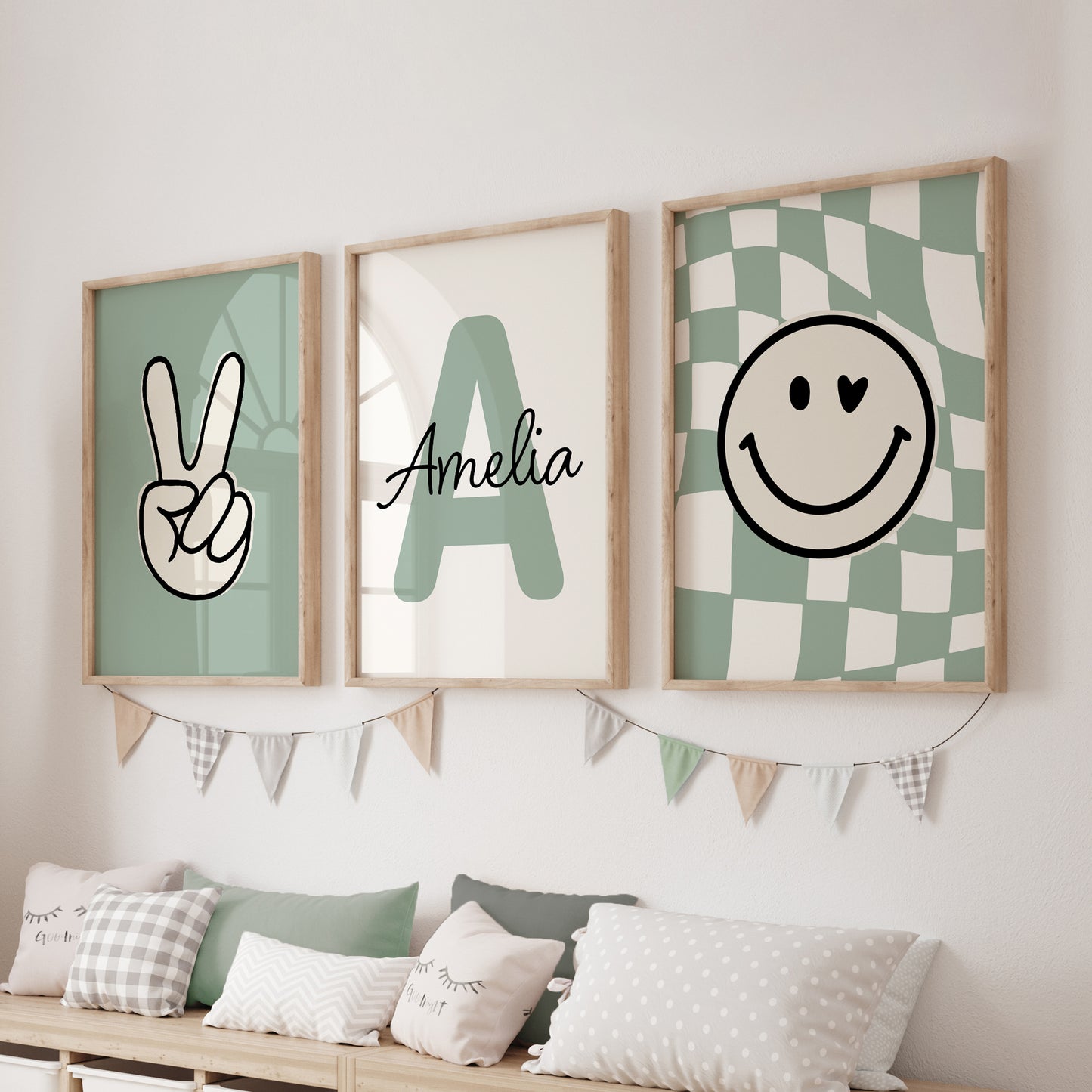 Girls personalised sage green prints, featuring victory sign, smiley face on chequered background
