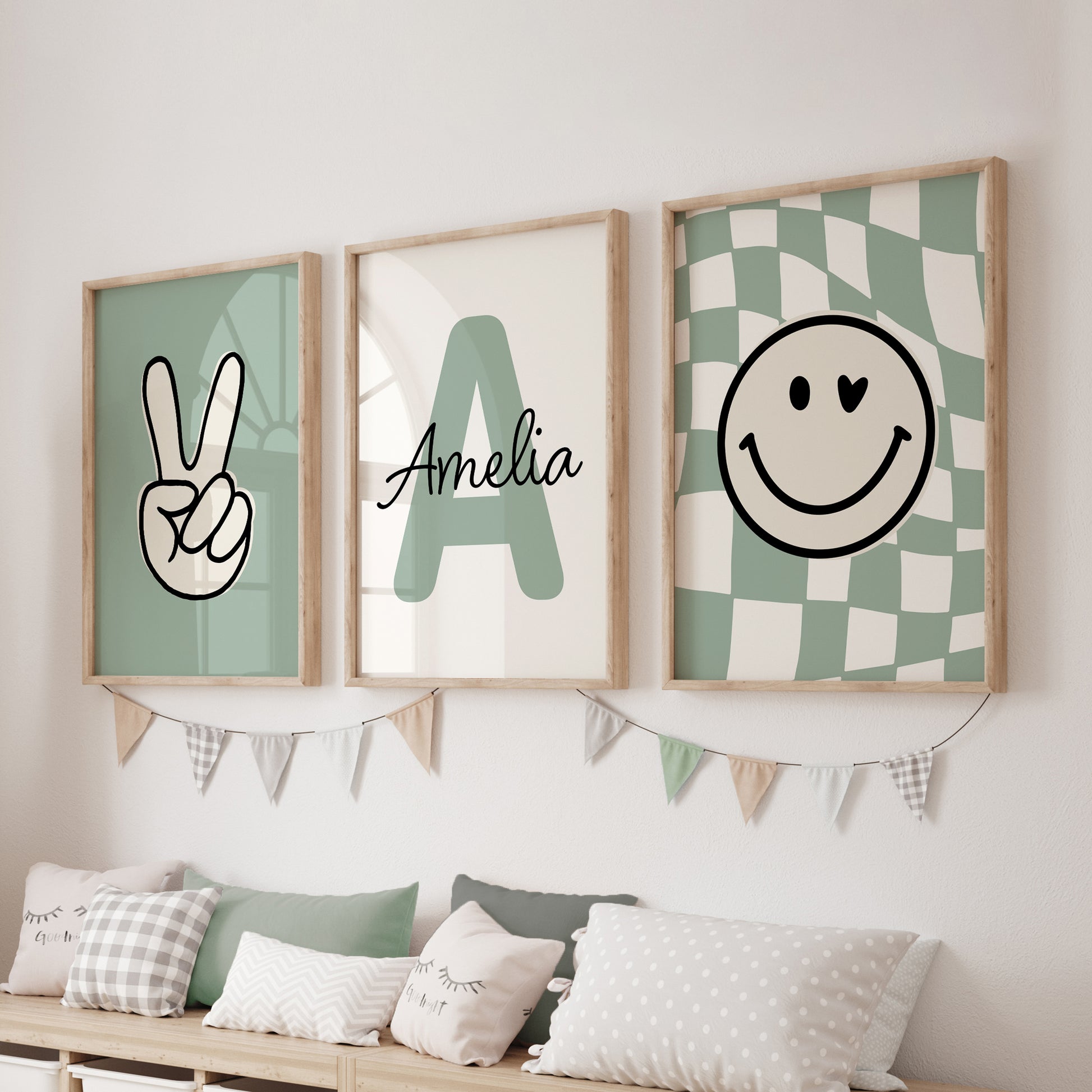 Girls personalised sage green prints, featuring victory sign, smiley face on chequered background