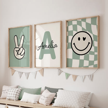 Girls personalised sage green prints, featuring victory sign, smiley face on chequered background