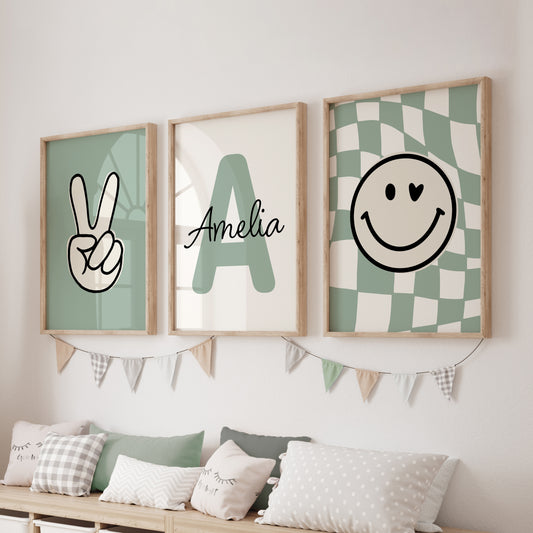 Girls personalised sage green prints, featuring victory sign, smiley face on chequered background