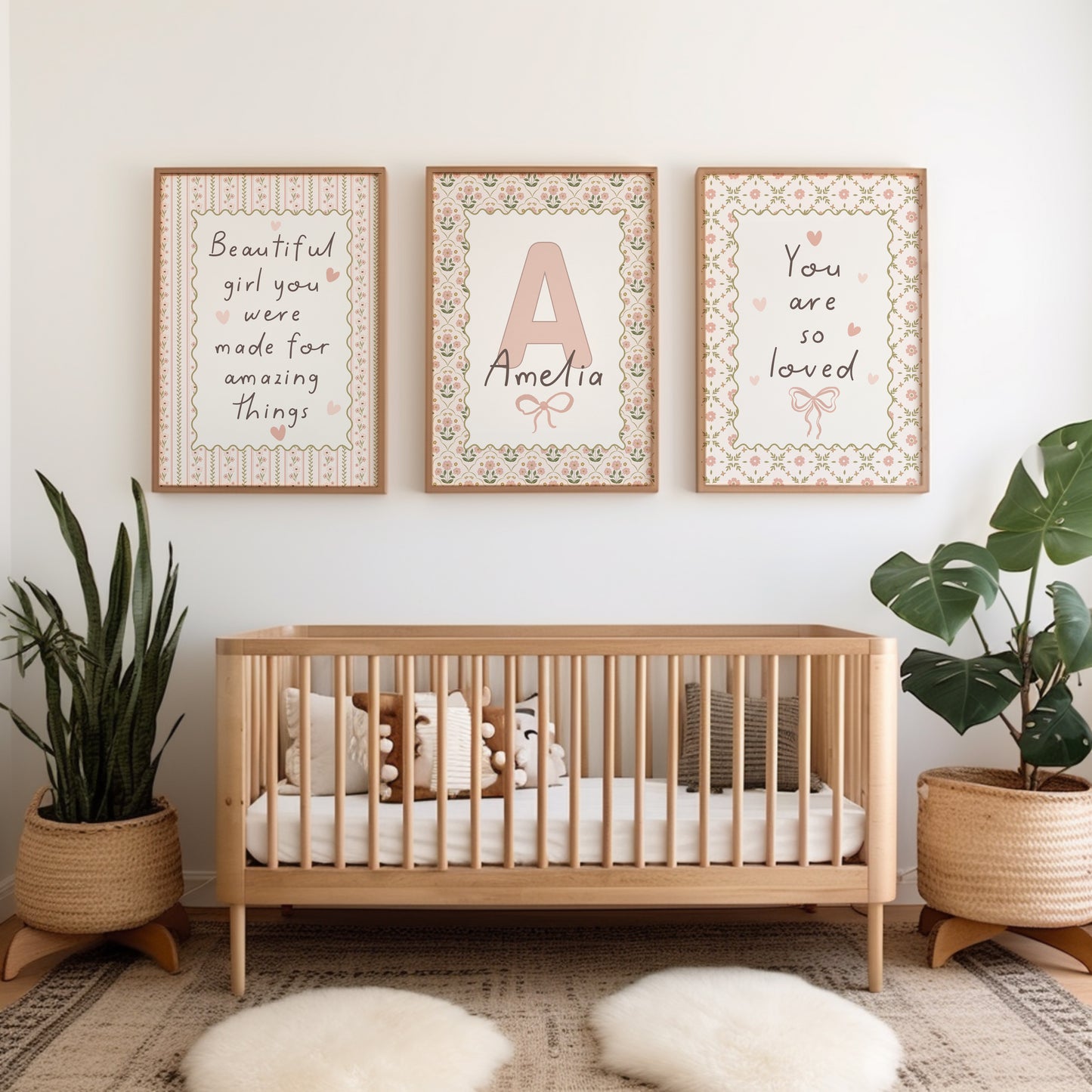 girls set of 3 floral wall art with personalised print and two quotes, YOU ARE SO LOVED