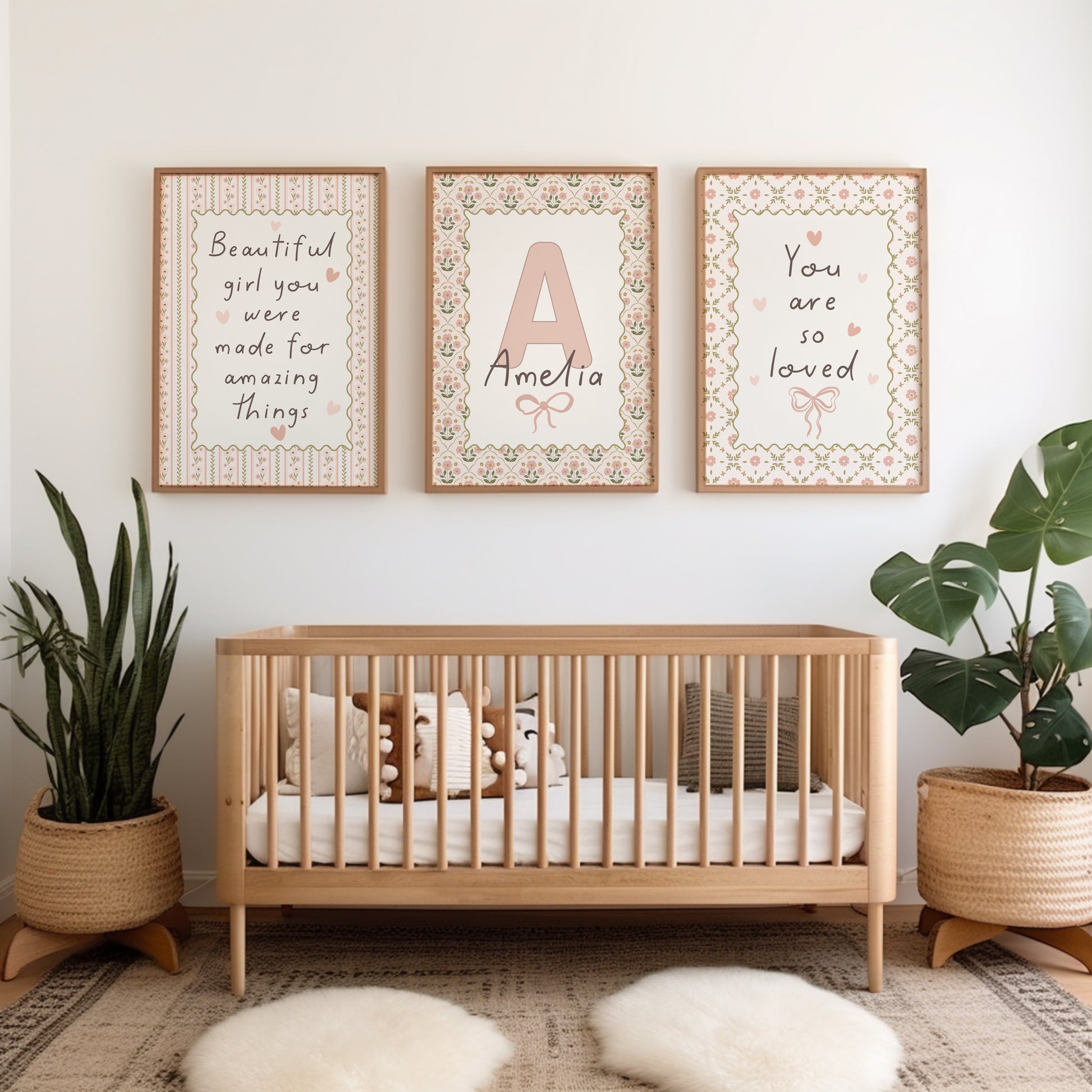 girls set of 3 floral wall art with personalised print and two quotes, YOU ARE SO LOVED