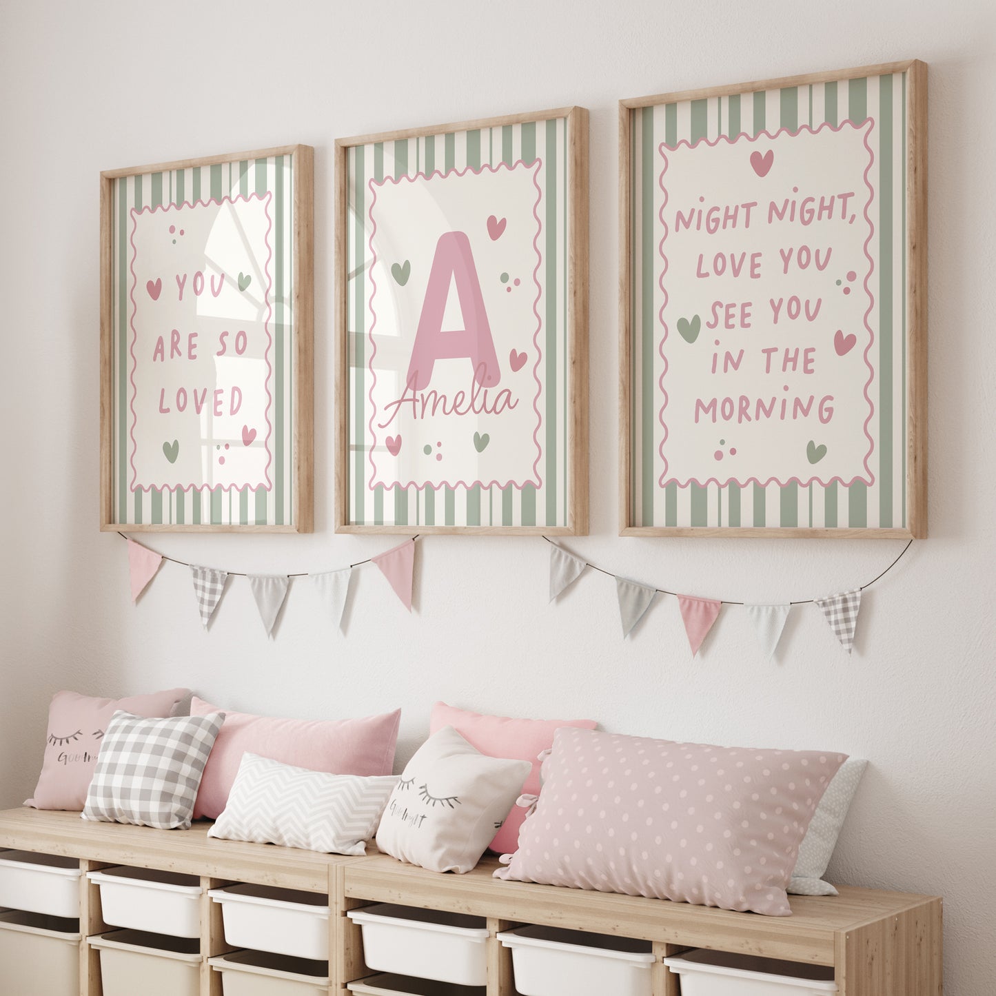 Set of 3 Girls Personalised Wall Prints, Sage & Pink