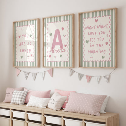 Set of 3 Girls Personalised Wall Prints, Sage & Pink