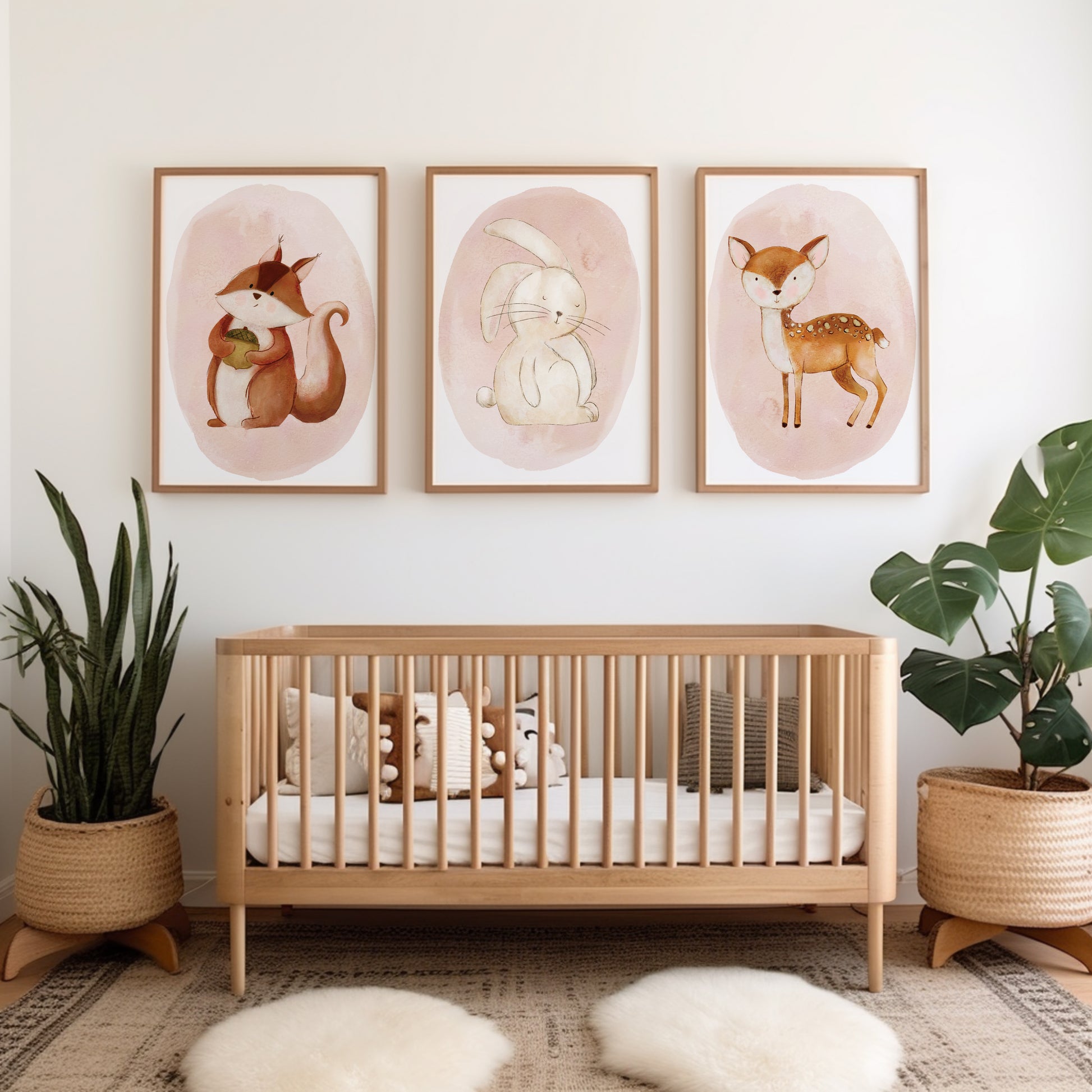 girls woodland nursery prints with cute illustrations of squirrel bunny and deer