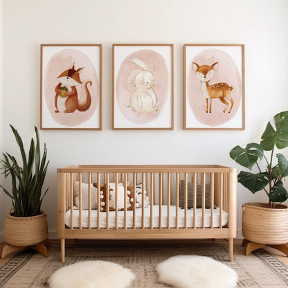 girls woodland nursery prints with cute illustrations of squirrel bunny and deer