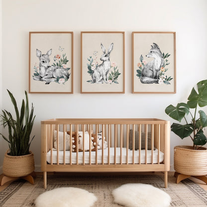 Girls woodland nursery prints with pencil drawn animals and green foliage and pink flowers, all on cream backgrounds, 3 set