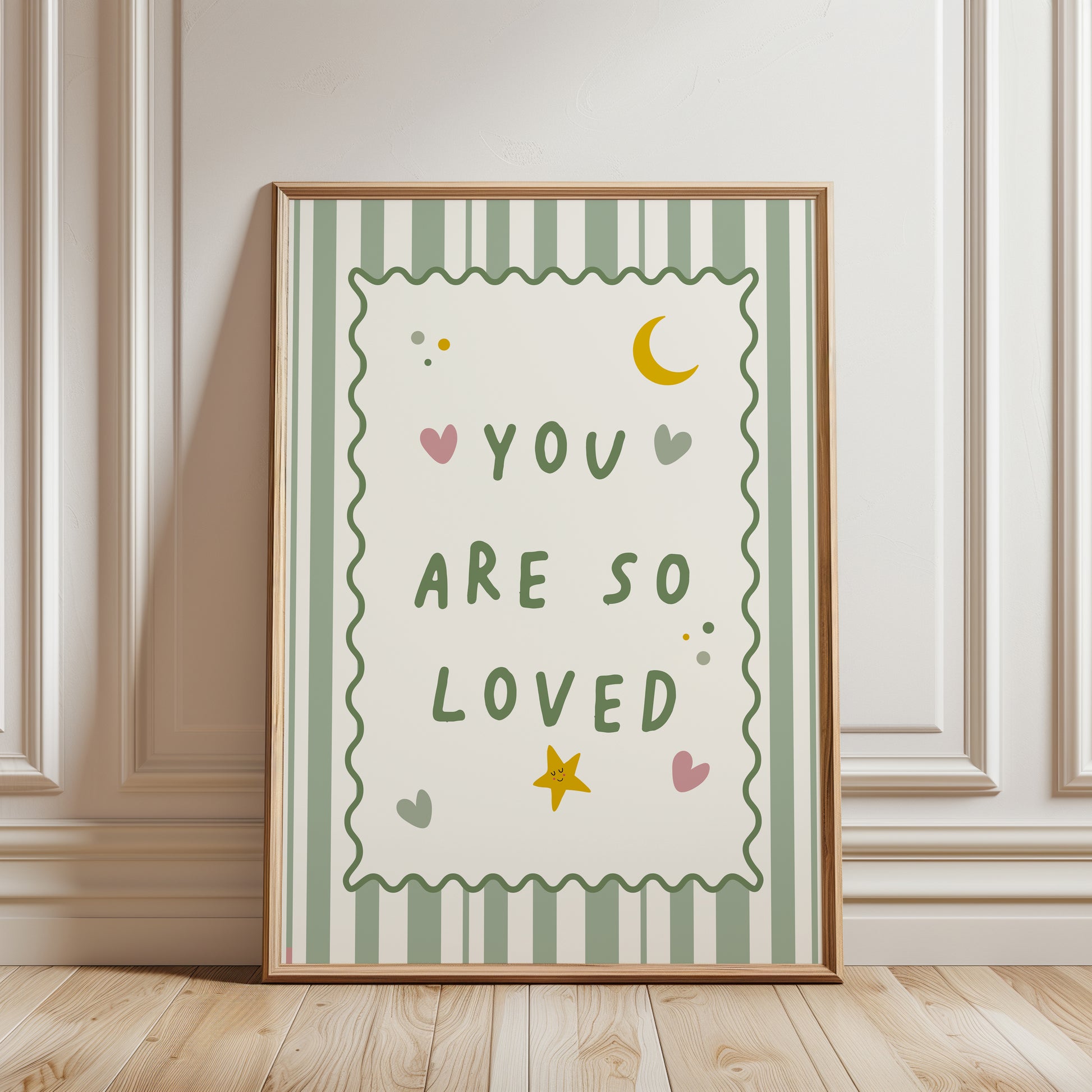 Girls room picture in sage green with bedtime quotes, you are so loved
