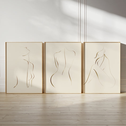 gold and cream minimalist wall art prints for bedroom