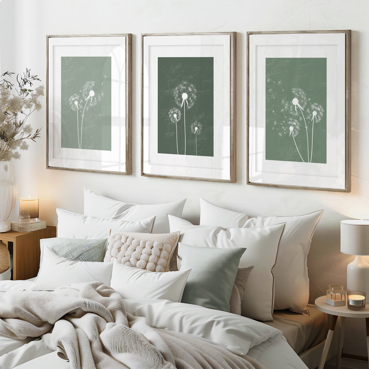 Set of 3 Green Dandelion Wall Prints