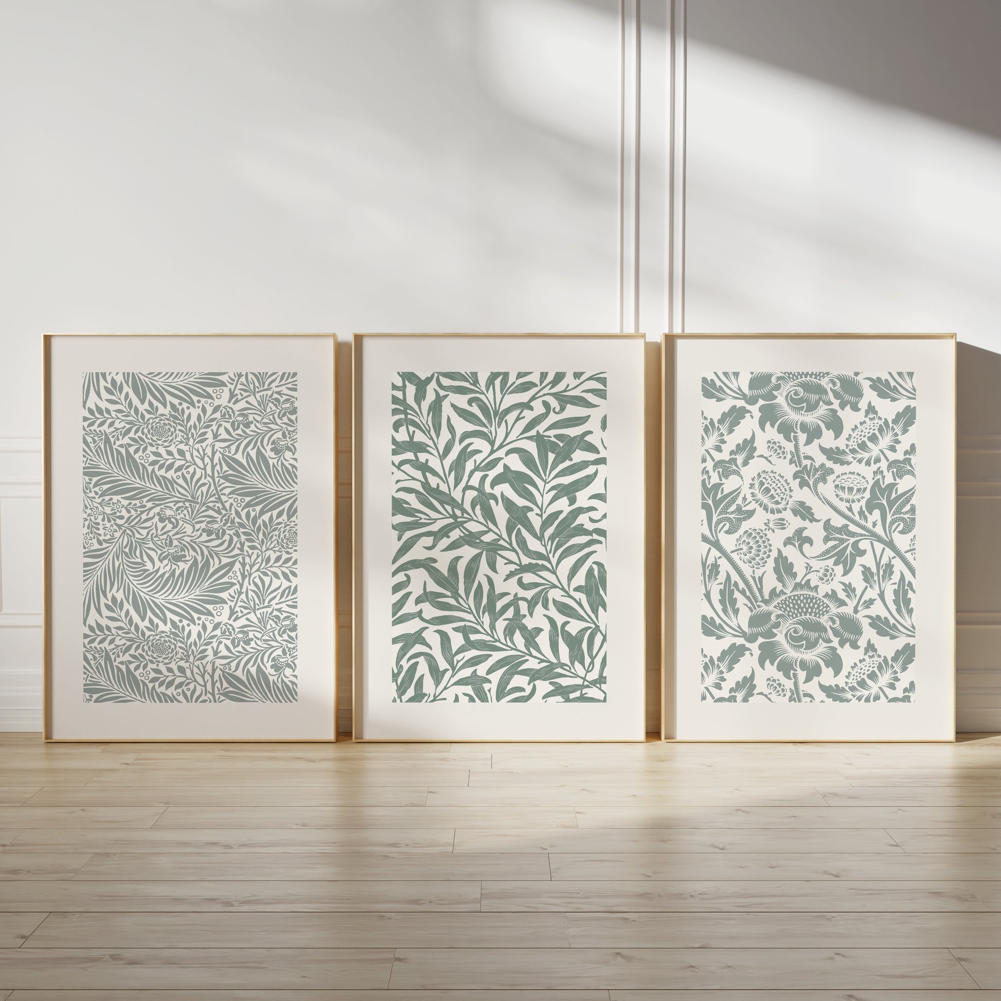 Set of 3 green botanical wall art prints, leaf patterns in green in a William Morris style