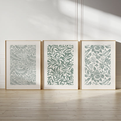 Set of 3 green botanical wall art prints, leaf patterns in green in a William Morris style