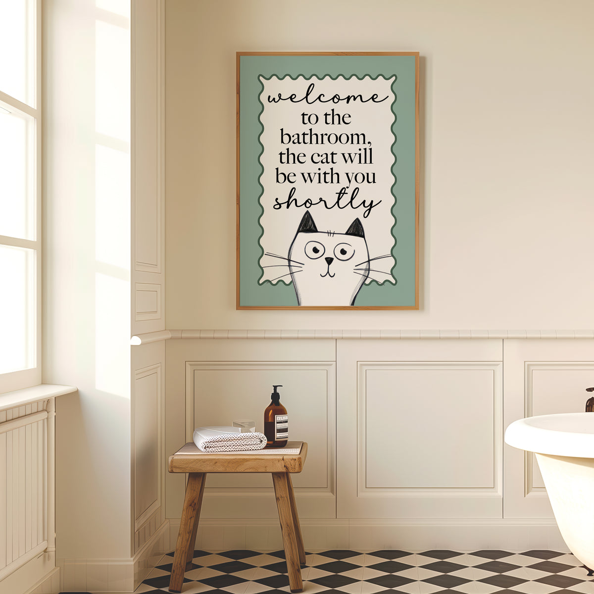Sage Green Bathroom Print, Funny Cat Print