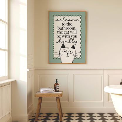 Sage Green Bathroom Print, Funny Cat Print